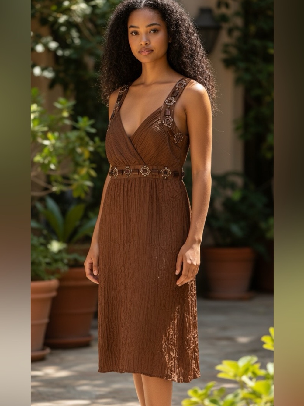 Spense Bronze Pleated Midi Dress with Embellished Straps & Waist, Size 8
